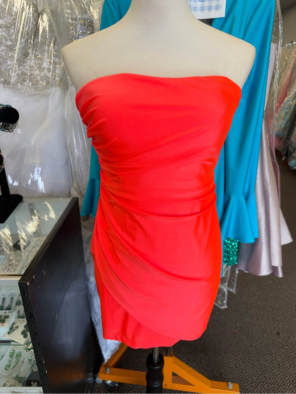 Faviana Strapless Ruched Mini Dress in Tropical Orange